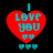 Red heart-shaped icon with cyan text "I LOVE YOU" and small cyan hearts, displayed in a