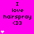 Bright pink background with repeated text "I love hairspray <33" and white heart symbols in various positions across the image.
