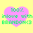 Four identical pink heart-shaped icons with green text on a yellow background, each displaying '100% inlove with BRANDON<3' in pixelated font.