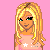 Pixel art of a blonde female character with green eyes, wearing a pink top and dark pants against a pink background with white hearts.
