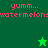Pixelated green background with pink text reading 'yumm... watermelons' and two star icons, one green and one dark green.