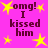 A bright pink background features repeated text "omg! I kissed him" in dark purple letters, surrounded by yellow star shapes.