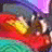 Pixelated image of a character with yellow face and brown body against red, blue, purple, green background.