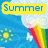Pixelated icon with yellow banner reading 'Summer' over blue water, sun, and rainbow elements.