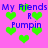 Pixelated graphic with repeating text and green hearts on a pink background, featuring blue lettering.