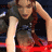 Pixelated image of a person with light brown hair wearing dark sleeveless top and red lower garment, holding an object near their face.