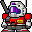 Pixelated mecha character with purple eyes, red shoulder pads, and gray body holding a black weapon that emits orange flame in one frame.