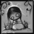 Pixelated grayscale icon of a stylized figure with short hair, seated posture, and a small object held in the right hand, framed by decorative swirls.