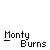 Pixelated cartoon character with yellow hair in green suit, blue control background, and text reading 'Monty Burns' or 'Excellent' on gray backdrop