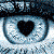 Static pixelated icon of a stylized eye with a black heart-shaped pupil on a blue-gray gradient background.