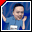 A pixelated figure in a blue shirt holds an object, then raises the arm to touch the head against a blue background with red and white corner accents.