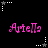 Pixelated pink text 'ArteUo' repeated across a black background with white and gray star-shaped cursor icons in various positions.