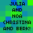 Pixelated text reads "JULIA AND NOA CHRISTINA AND BERK!" on a green and blue checkered background with no visible animation changes.