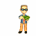 Pixelated character in blue jacket and orange pants holds green object, then extends arm to release small green item while maintaining sunglasses expression.