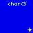 Blue background with repeated "char<3" text and animated white star-like shapes in three