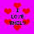 Pixelated red hearts float on a bright pink background with repeated text "I LOVE EMILY" in black block letters.