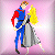 Pixelated image of a man in blue and red clothing holding a woman with long yellow hair against a pink background.