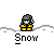 Pixel art contact sheet showing six frames of a snow-themed animated buddy icon with a character in yellow clothing and gray hat standing on snowy ground under falling snow.