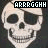 Pixelated skull with black eye sockets and teeth, wearing a dark bandana over one eye, set against a dark background.