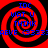 Four identical red and black spiral patterns with blue text overlays arranged in a on a black background