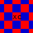 Red and blue pixelated diamond shapes form a repeating pattern with "XC" text visible in multiple locations across the