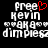 Pixelated text displays 'free Kevin' with a red heart replacing the 'o', followed by 'dimples' below, on black background.