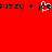 Red background with black text 'fuzzy + j' and a white pixelated heart symbol replacing the letter 'o' in 'joe'.