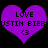 Two purple heart-shaped icons with black text and a pixelated <3 symbol on a black background.