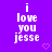 Purple background with white pixelated text "i love you jesse" repeated in a , pink heart symbols scattered, and a gray rectangular overlay in the bottom-right corner