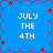 Blue background with white text reading JULY THE 4TH, red star-like shapes scattered around, and a repeating pattern of small blue and purple diamond shapes along the border.