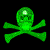 Green wireframe skull and crossbones icons in various poses on black background