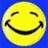A yellow circular smiley face icon with closed eyes and a wide grin on blue background, featuring text overlays in different frames.