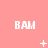 nine identical 'BAM' text icons on a solid pink background, each with a small white symbol below it that changes across frames