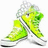 Green high-top sneakers with white laces and soles, positioned in a stacked arrangement against a white background.