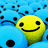 A pixelated image shows a yellow smiley face surrounded by blue shapes with black dots, alongside red text fragments on white and gray backgrounds.