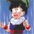 Pixelated character with dark hair, white collar, dark sleeveless top, red accents, and raised hands against blue background.