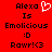 Red background displays 'Alexa Is Emolicious :D Rawr!<(3' text with a white pixelated heart symbol above 'Alexa' on the left side.