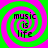 Four identical display a green and pink spiral background with black text reading 'music is life' in each quadrant