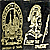 Animated contact sheet of four AIM buddy icons featuring a golden skeleton mascot in different poses against dark backgrounds with one frame showing text on blue background.