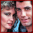 Animated contact sheet of 19 frames showing a couple in close proximity with changing text overlays, arranged in a 5x4 grid on gray background.