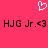 Pixelated pink background with white heart symbol above repeated black text reading HJG Jr.<3 in dark red outline.