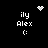 Pixel art buddy icon with four identical text blocks and three distinct animated symbols on a black background.