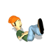 Animated sequence of a cartoon character lying on back with bent knees, orange beanie, green shirt, light blue pants, black shoes; feet move from tucked to extended positions.