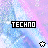 Pixelated image with pastel pink and blue gradient background, black rectangular text box containing "TECHNO" in white block letters on left side, same text box with pink block letters on right side.