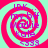Four identical spiral patterns with alternating red and cyan rings, each containing purple text reading "IDK... my bff Markie Kate <333".