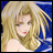 A 48x48 pixel buddy icon split into two sections: a cartoon-style anime character with blonde hair on the left and stylized text on the right against a black background.