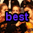 four identical images showing a person in black clothing with orange accents, overlaid with purple text reading 'best friends forever' on the top and bottom