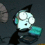 Animated character with light blue skin, large white eyes, and black spiky hair holds a teal laptop while shifting expressions from surprised to neutral.