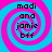 Four identical display a blue and pink spiral background with black text reading "modi and jamie bff" in a pixelated font