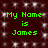 Green pixelated text reads "My Name is James" on a dark red background with white sparkles, repeated in two identical vertical sections.